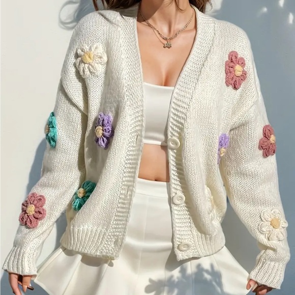 Sweaters - white flower cardigan